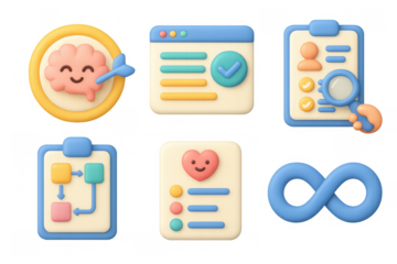 Adhd icon set featuring brain symbol, checklist, flowchart, and infinity loop for educational and awareness design