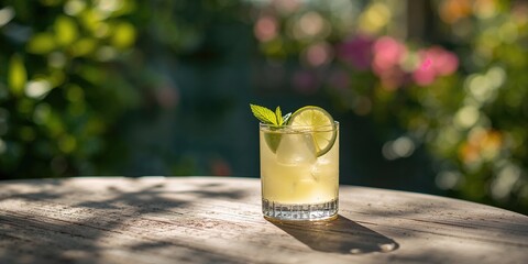 Black board on wood table top with sun and green tree bokeh background, suitable for product display background, Earth Day