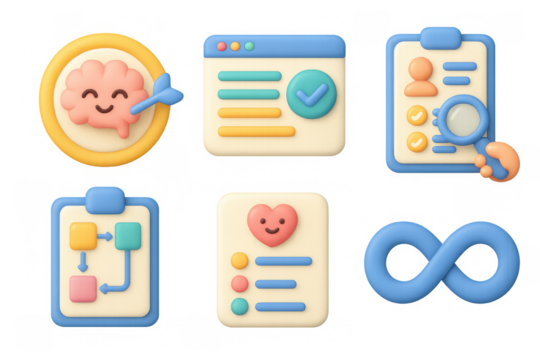 Adhd icon set featuring brain symbol, checklist, flowchart, and infinity loop for educational and awareness design