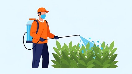 Vector Illustration of a Person Spraying Plants with a Backpack Sprayer Wearing Protective Gear during a Sunny Day