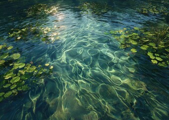 Fototapeta premium Sunlit water ripples over a clear body of water, surrounded by lily pads and greenery