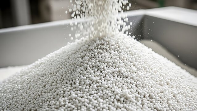 White Granules Pile Flowing Abstract Mass Material Manufacturing Processing Factory Chemical Compound Industrial Production Process