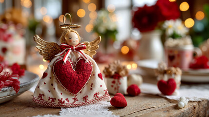 Obraz premium Festive Angel Decoration with Heart Motif in Cozy Christmas Setting
