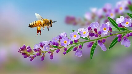 A bee flies near purple flowers, showcasing nature's beauty with a vibrant color palette.