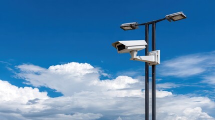 Aerial view of urban surveillance cameras monitoring public spaces under clear sky