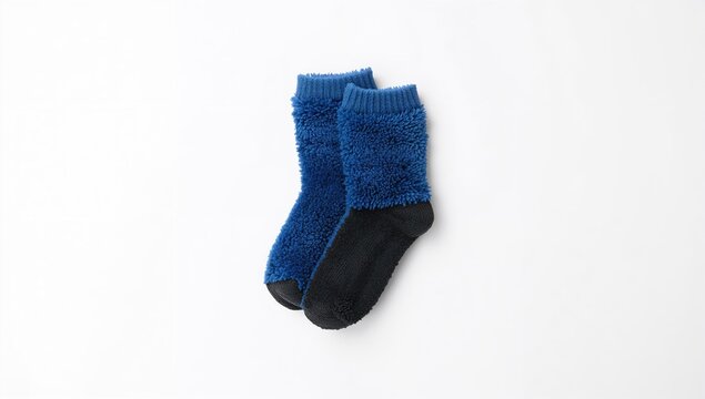 Pair of blue and black thick fleece socks with folded tops, neutral background for product display - Powered by Adobe