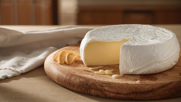 Brie cheese on a wooden board with a rustic presentation, suitable for a cheese platter background - Powered by Adobe