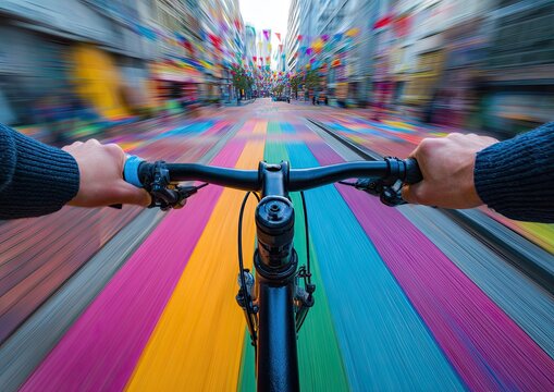 POV of hands on bicycle handlebars cycling toward a rainbow street. Blurred colorful vision - Powered by Adobe
