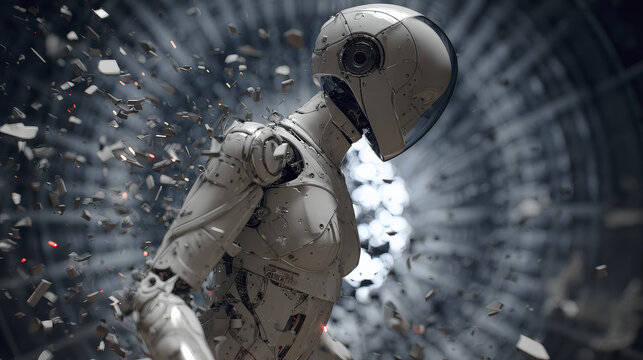 Low Angle of Damaged Crash Test Dummy in Tunnel with Flying Debris