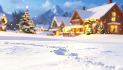 Fototapeta premium Serene winter forest path lined with decorated Christmas trees beside vintage street lamps, snow-covered ground, soft pink-orange sunset sky, evoking festive tranquility and seasonal charm.