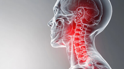 Human cervical spine illustration with multiple vertebrae shown in red and orange to indicate inflammation, degeneration or chronic neck pain such as herniated discs or osteoporosis