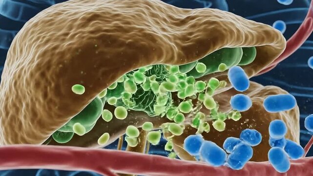 Microscopic View Of The Gallbladder Showing Gallstones Forming Within Green Bile And Surrounding Blue Bacteria And Red Blood Vessels In A Detailed Biological