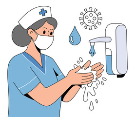 A female nurse in a medical uniform and face mask washing her hands with soap, demonstrating proper hygiene techniques to prevent virus transmission, healthcare contamination
