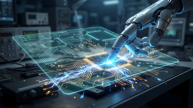 A robotic finger touches a glowing, holographic circuit board displaying a central processing unit, symbolizing technology development, engineering, and digital innovation.