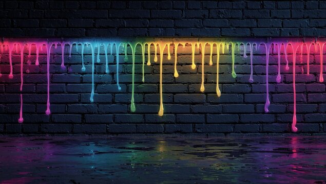 A neon-colored, dripping light effect is showcased against a textured, dark brick wall