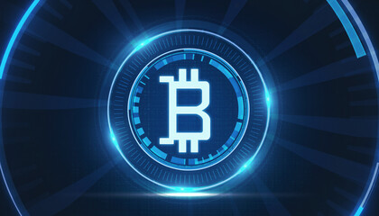 Bitcoin digital coin icon: A vibrant depiction of the cryptocurrency logo set against a backdrop of modern digital technology. The image highlights the innovative essence of finance 