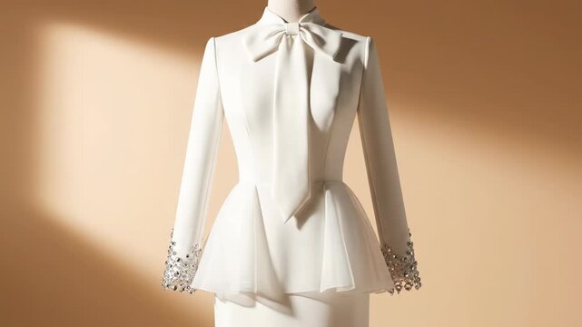 A sophisticated white dress transforms from sketch to reality. Elegant peplum top features a bow and sparkling embellished cuffs.