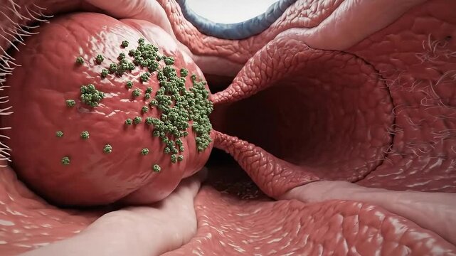 Microscopic View of Uterine Fibroids Growing on the Uterine Wall With Healthy Tissue and Fluid Flow Visible