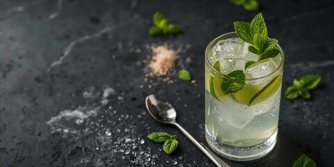 Fototapeta premium Glass of Mojito cocktail with ice cubes mint and lime, used as a refreshing beverage, World Mojito Day
