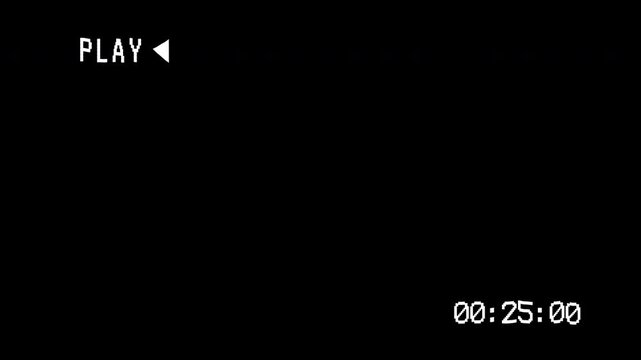 Old VHS play and timecode overlay with noise line, VHS tape play screen overlay with 30 second timer. Alpha channel 4K video
