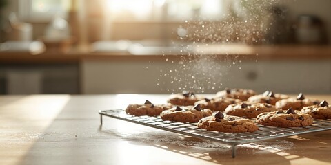 Chocolate chip cookies cooling on a baking rack, emphasizing baked goods safety and freshness, no holiday