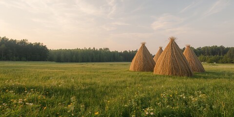 Fototapeta premium Haystacks in a forest clearing surrounded by grass and mountain landscape during autumn, emphasizing rural agricultural practices