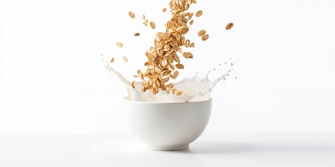 Oat flakes spilling into a bowl with splashing milk, emphasizing breakfast preparation and texture, World Oatmeal Day