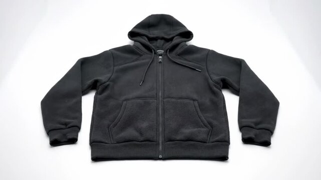Black hoodie components magically assemble on a white background. Watch a stylish fleece jacket come together in a stop-motion sequence.