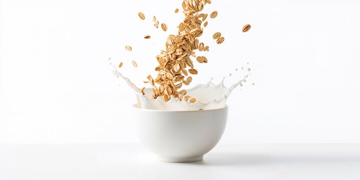 Oat flakes spilling into a bowl with splashing milk, emphasizing breakfast preparation and texture, World Oatmeal Day