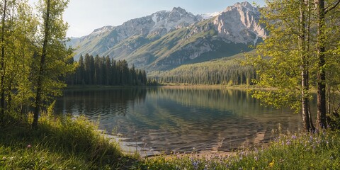 Altai landscape with flowers water and trees during spring, emphasizing seasonal ecological preservation