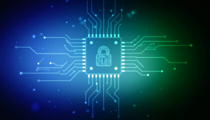 Fototapeta premium A flat 2D FPGA hardware module with encryption locks and patterned cyber circuits