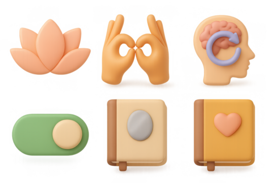 Cartoon wellness icons for mindfulness and self-care design projects