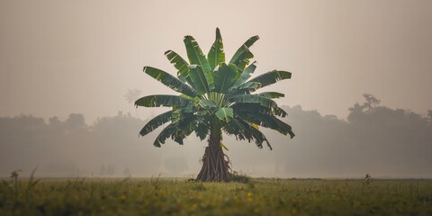Banana tree in winter morning in Bangladesh, emphasizing seasonal growth patterns
