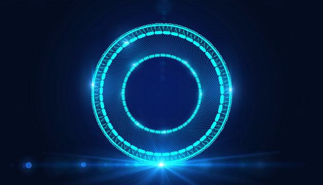 Futuristic Geometric Circles: An abstract composition features interconnected neon-blue geometric circles floating against a dark, expansive digital backdrop, representing innovation and technology.