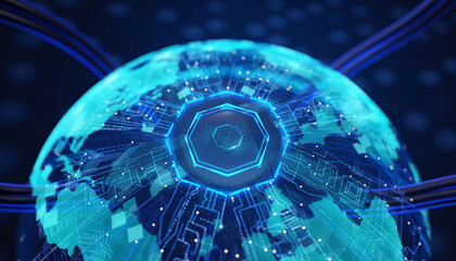Digital Earth's Core: A high-tech view of the planet, revealing intricate digital circuits intertwined within the earth's form, symbolizing connectivity and technological progress.