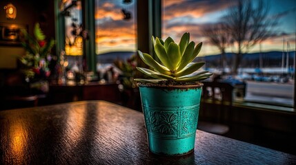 Teal Potted Succulent On Dark Table Restaurant Sunset View