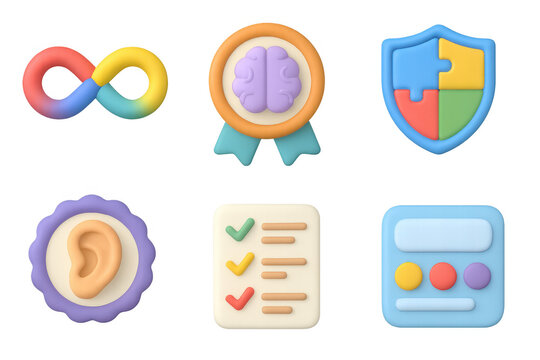 Neurodiversity icon set featuring infinity symbol, brain medal, and puzzle shield for education and awareness design