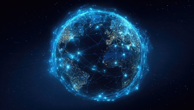 A luminous globe encircled by a network of glowing connections, depicting global communication