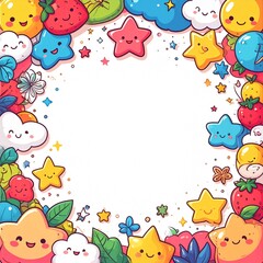 Obraz premium A playful border made from kawaii doodles—smiling stars, happy clouds, tiny fruits, sparkles—surrounding the edges. Center is bright white for clean text placement.