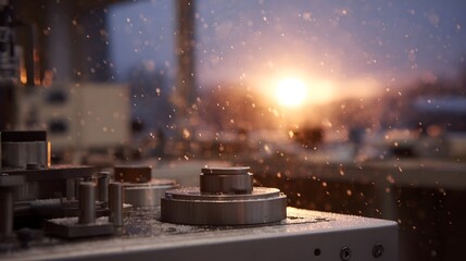 Industrial hinery bathed in the warm glow of a setting sun amidst falling snow particles
