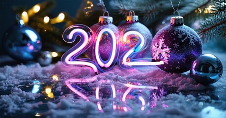 Festive scene depicts glowing neon numbers, ornaments, snow. Bright lights create celebratory winter holiday mood.