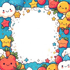 Fototapeta premium A playful border made from kawaii doodles—smiling stars, happy clouds, tiny fruits, sparkles—surrounding the edges. Center is bright white for clean text placement.
