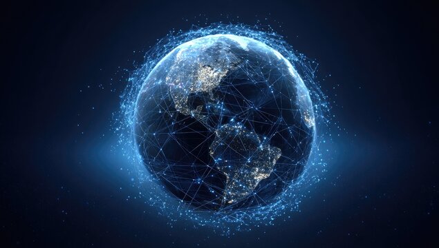 A digital illustration of Earth, wrapped with a network of interconnected lines and particles, glowing blue
