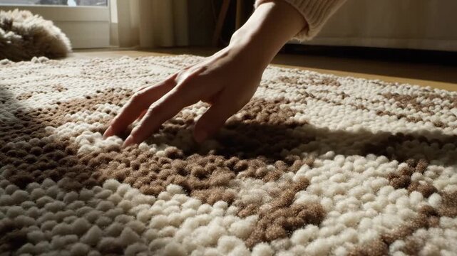 A Person's Hand Gently Explores the Texture of a Fuzzy, Textured Rug Surface