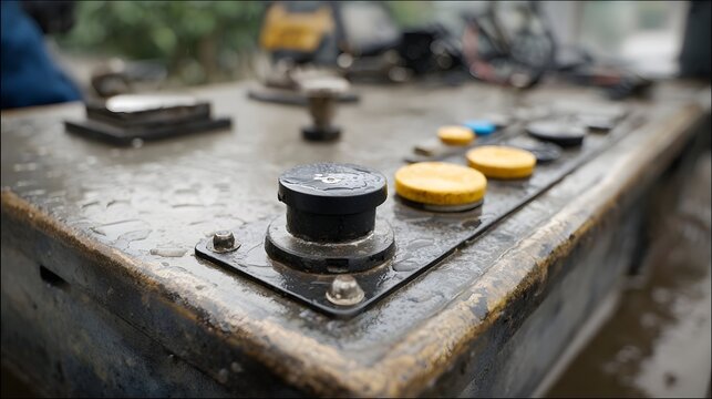 A weathered control panel with wet yellow and black buttons sits outdoors in the rain