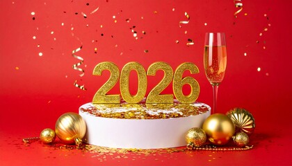 Festive New Year scene with golden “2026” digits on white circular platform, surrounded by gold ornaments, scattered confetti, and champagne glass, set against vibrant red celebratory background.