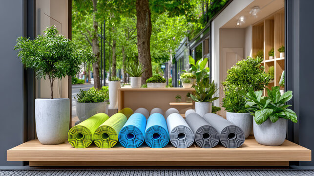 modern sports store shelves displaying wide variety of fitness yoga mats, retail shopping interior, workout accessories, active lifestyle, health and wellness concept