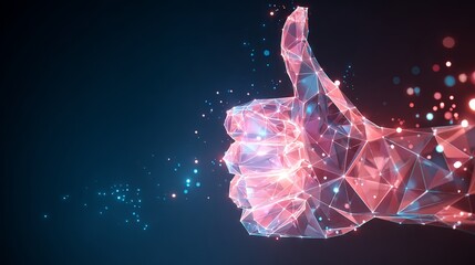 Digital thumbs up with glowing network connections embodies success and approval in the connected world with abstract modern design