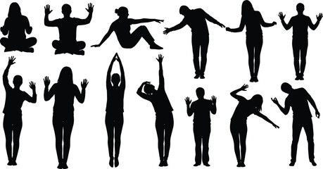 Diverse group of men and women performing various stretching, yoga, and fitness poses in silhouette, illustrating health, wellness, flexibility, balance, and mindful physical exe