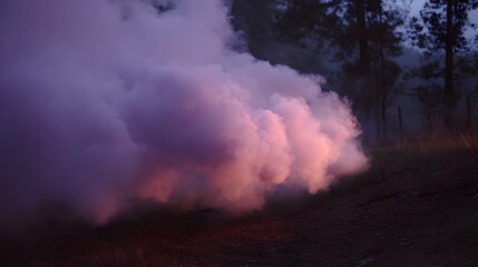 Obraz premium Billowing clouds of purple and pink smoke illuminate a dark wooded landscape at twilight
